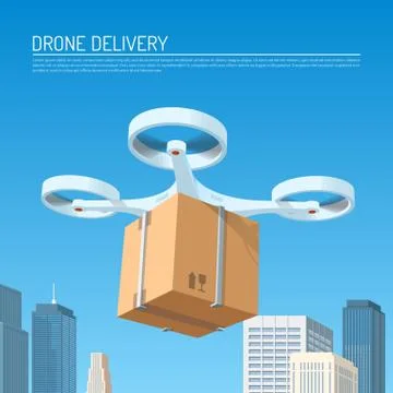 Drone delivery concept vector illustration. Quadcopter carrying a package to Illustrazione stock
