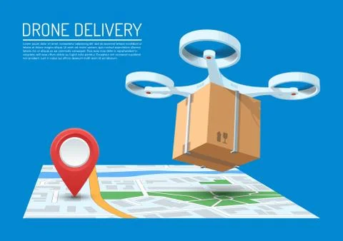 Drone delivery concept vector illustration. Quadcopter flying over a map and Stock Illustration