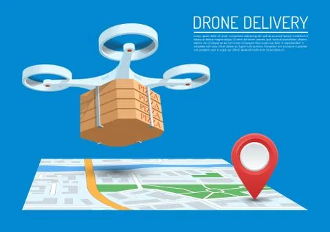 Drone delivery concept vector illustration. Quadcopter flying over a map and Stock Illustration