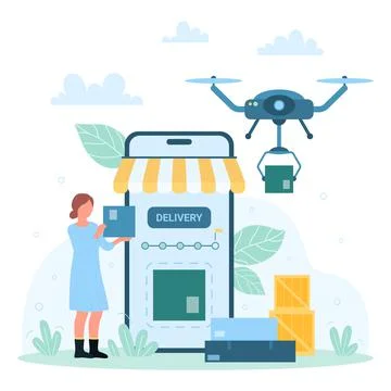 Drone delivery, express service, tiny woman using mobile app for tracking parcel Stock Illustration