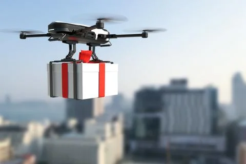 Drone delivery gift boxes, Autonomous delivery robot, Business air transpor.. Stock Photos