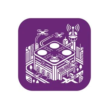 Drone delivery hub icon representing automated logistics center in urban city Stock Illustration