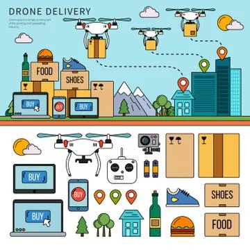 Drone delivery line flat vector Stock Illustration