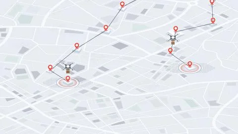 Drone Delivery Network Map Showing Multiple Flight Paths Between Red Location Stock Illustration