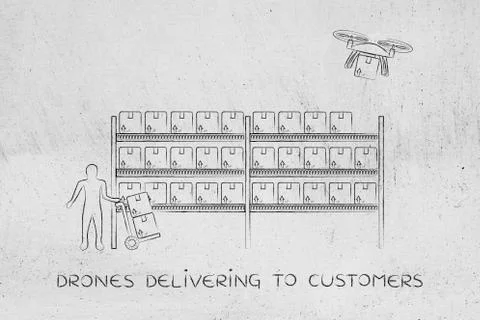 Drone delivery of online order parcel, warehouse version Stock Illustration