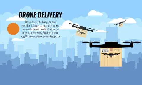 Drone delivery with the package box against city view background. Vector Stock Illustration