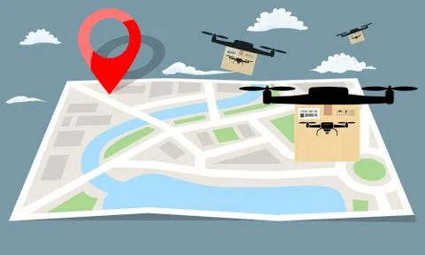 Drone delivery with the package box flying over folding map paper. Flat color Stock Illustration