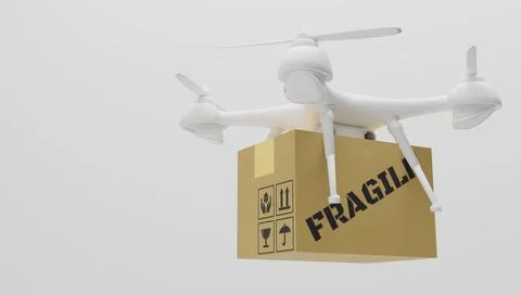 Drone delivery with a package box flying on white background. 3d rendering. Stock Photos