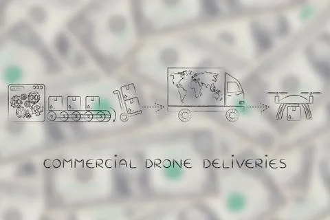 Drone delivery of a parcel from the warehouse Stock Illustration