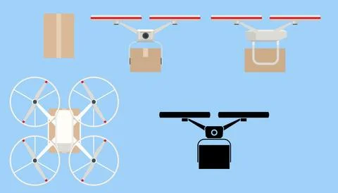 Drone delivery. Quadcopter carrying a package to customer. Delivery of a Stock Illustration