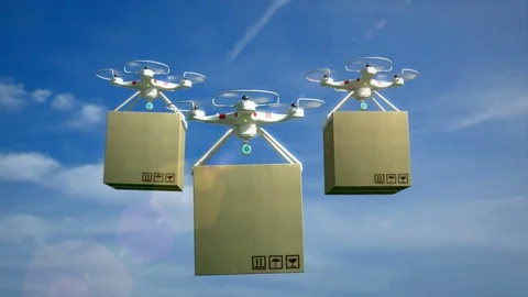 Drone delivery service. Air drones carrying package on a sunny day. Stock Footage 81013422