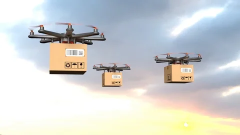 Drone Delivery Service. Air Drones Carrying Package On Sky 4K (Alpha Channel) 스톡 동영상 110985945