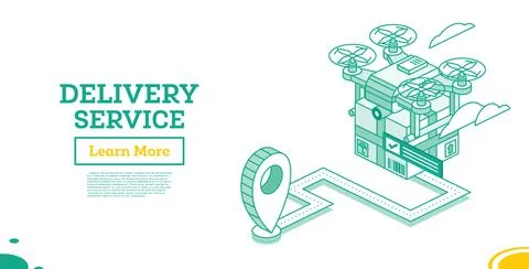 Drone delivery service technology. Isometric outline concept. Quadcopter wi.. Stockillustratie