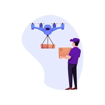 Drone delivery service. Vector of quadcopter carrying parcel in flight with male Stock Illustration