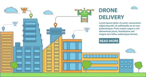 Drone delivery vector horizontal banner in flat linear style Stock Illustration