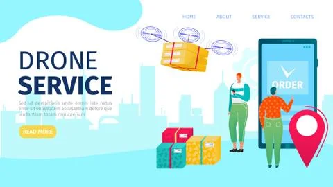 Drone delivery vector illustration set, cartoon flat delivering service banners Stock Illustration