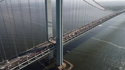 Drone descend aerial video Verrazano Narrows Bridge 4k 60p Stock Footage