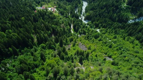 Drone descending over mountain forest with road and river below Stock Footage 314197843