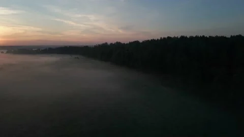 The drone descends from a height to a misty meadow. Stock Footage 197078558