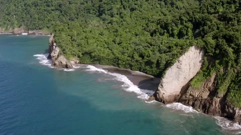 Drone Descent Over Anse Lévrier – Black Sand Beach and Lush Green Cliffs Stock Footage 317110183