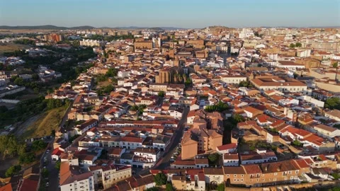 Drone descent over Caceres old town with panoramic sunrise city view Spain Stock-Footage 342320955