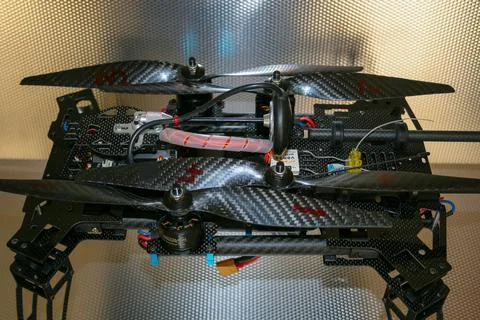 Drone design prototype and build showing different electronic modules. Stock Photos