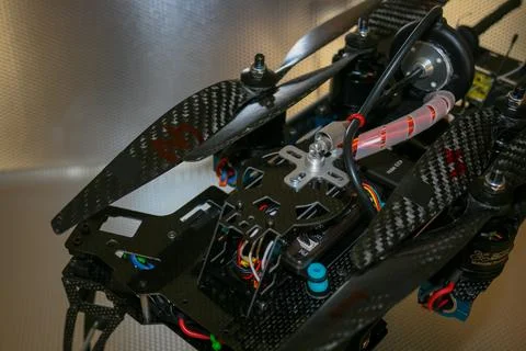 Drone design prototype and build showing different electronic modules. Foto stock