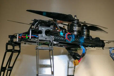 Drone design prototype and build showing different electronic modules. Stock Photos