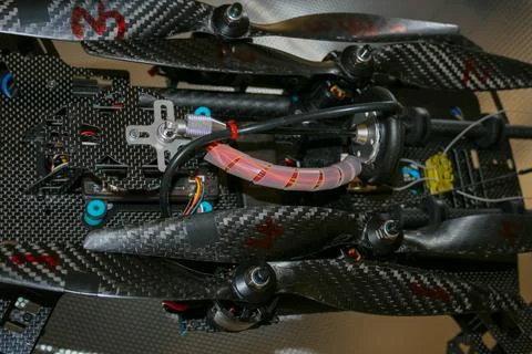 Drone design prototype and build showing different electronic modules. Stock Photos