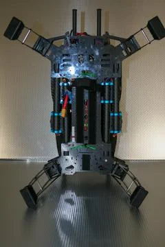 Drone design prototype and build showing different electronic modules. Stock Photos