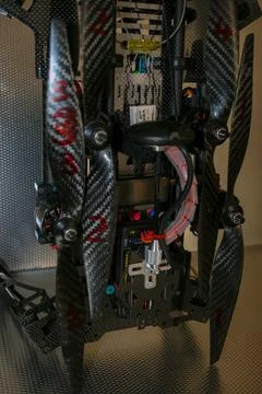 Drone design prototype and build showing different electronic modules. Stock Photos