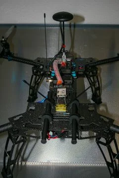 Drone design prototype and build showing different electronic modules. Stock Photos
