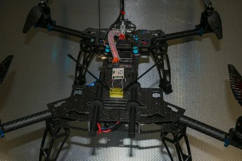 Drone design prototype and build showing different electronic modules. Foto stock