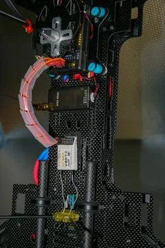 Drone design prototype and build showing different electronic modules. Stock Photos