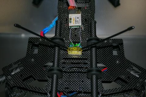 Drone design prototype and build showing different electronic modules. Stock Photos