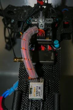 Drone design prototype and build showing different electronic modules. Stock Photos