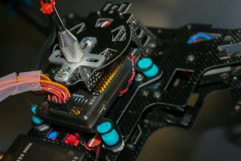 Drone design prototype and build showing different electronic modules. Stock Photos