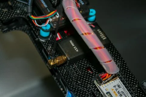 Drone design prototype and build showing different electronic modules. Stock Photos