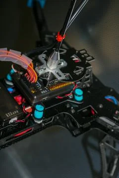 Drone design prototype and build showing different electronic modules. Stock Photos