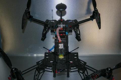 Drone design prototype and build showing different electronic modules. Stock Photos