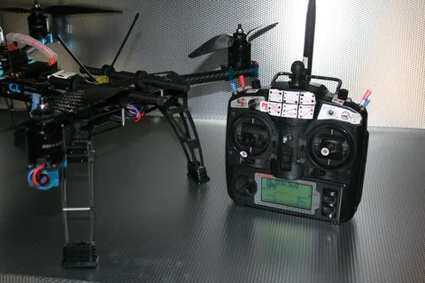 Drone design prototype and build showing different electronic modules. Stock Photos