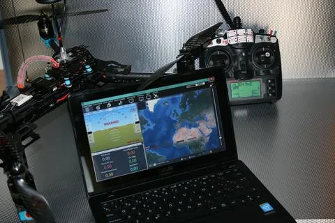 Drone design prototype and build showing different electronic modules. Stock Photos