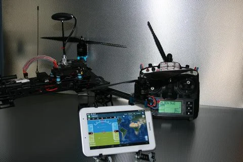 Drone design prototype and build showing different electronic modules. Stock Photos