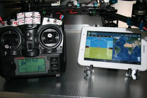 Drone design prototype and build showing different electronic modules. Stock Photos