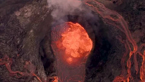 Drone Directly Above Erupting Volcano. Bubbling Magma Flowing Lava Out Stock Footage 256715094