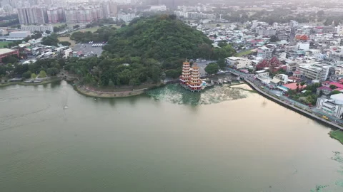 Drone: A Distant View of the Side of the Dragon and Tiger Pagoda in Taiwan Stock Footage 332944530