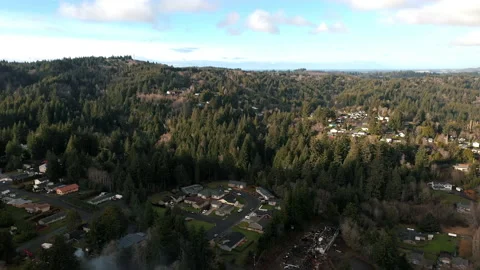Drone dolly backwards Coos County Coos Bay forest area with homes Stock Footage 148433564
