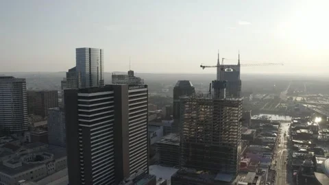 Drone dolly move from left to right of Nashville buildings and new construction Stock Footage 167559465