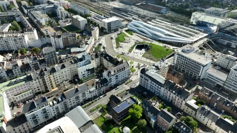 Drone dolly shot over the modern new Rennes station on a sunny day. Stock Footage 253762741