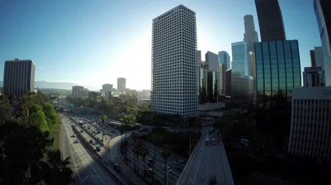 Drone Down Town Los Angeles aerial buildings and traffic Видео 50144217
